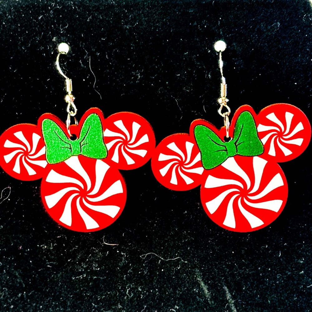 Holiday Peppermint Minnie Mouse Earrings with Green Bow - Picture 2 of 7